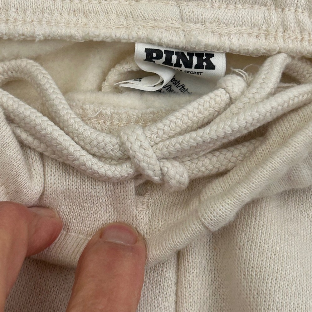 Victoria's Secret PINK Cream Fleece Joggers Chenille Logo Sweatpants Large - Picture 4 of 11
